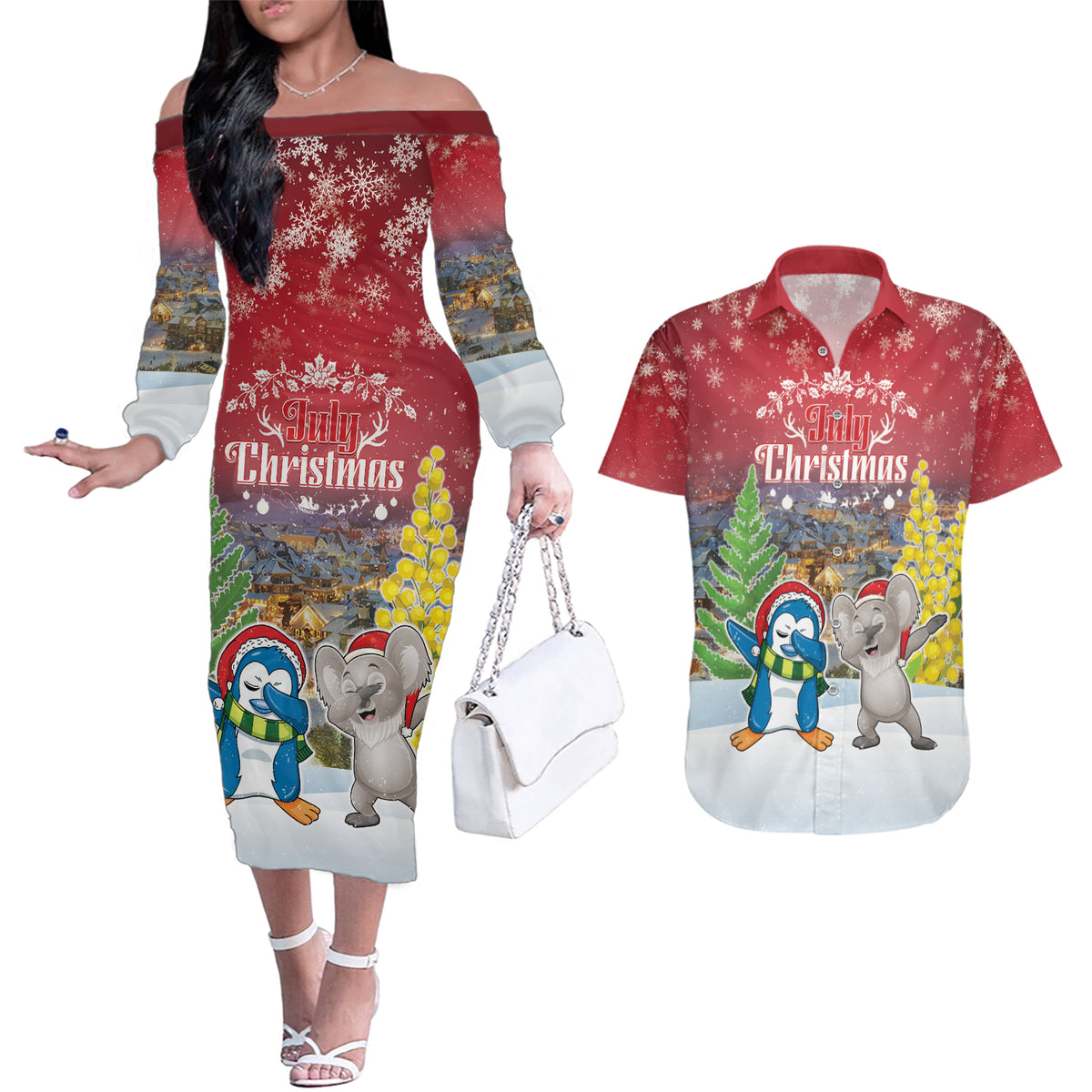 Personalised Christmas In July Couples Matching Off The Shoulder Long Sleeve Dress and Hawaiian Shirt Funny Dabbing Dance Koala And Blue Penguins LT05 Red - Polynesian Pride
