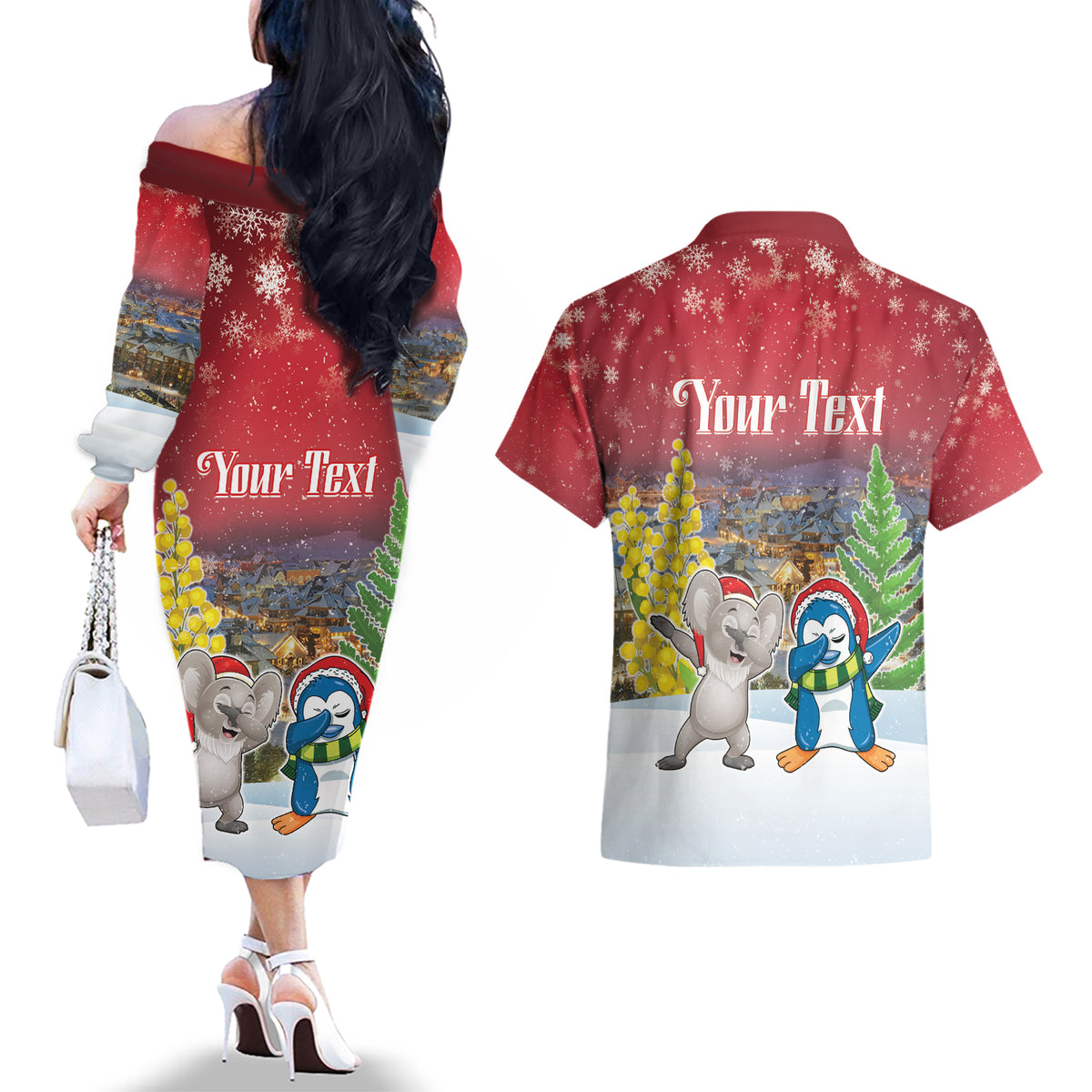 Personalised Christmas In July Couples Matching Off The Shoulder Long Sleeve Dress and Hawaiian Shirt Funny Dabbing Dance Koala And Blue Penguins LT05 - Polynesian Pride