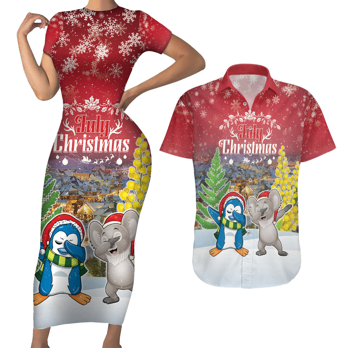 Personalised Christmas In July Couples Matching Short Sleeve Bodycon Dress and Hawaiian Shirt Funny Dabbing Dance Koala And Blue Penguins LT05 Red - Polynesian Pride