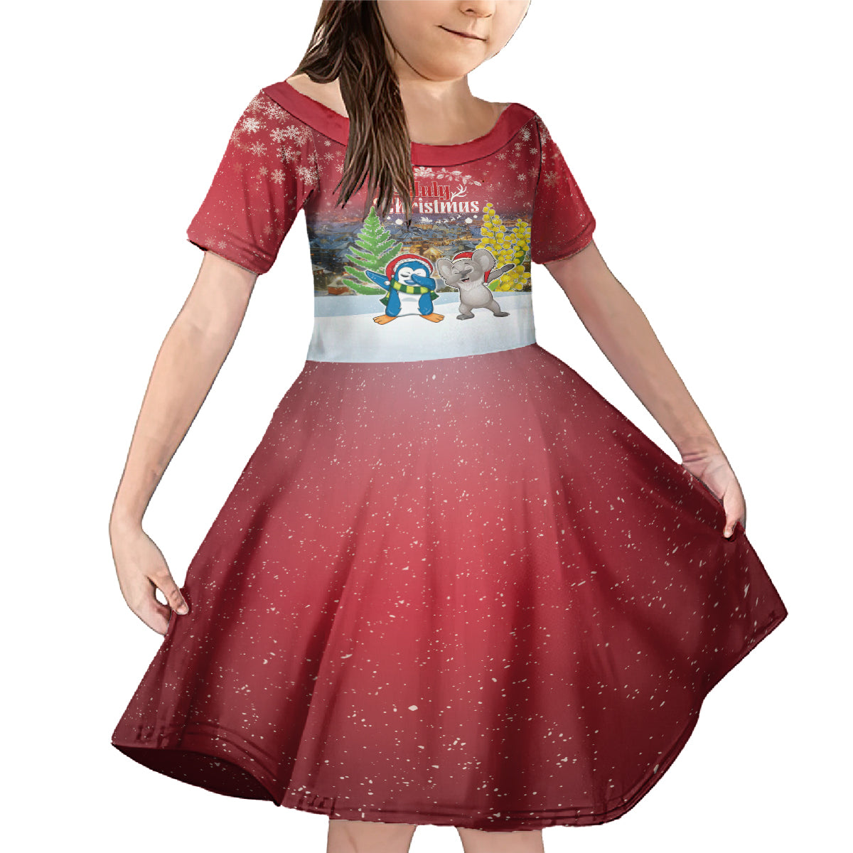 Personalised Christmas In July Family Matching Mermaid Dress and Hawaiian Shirt Funny Dabbing Dance Koala And Blue Penguins LT05 Daughter's Dress Red - Polynesian Pride