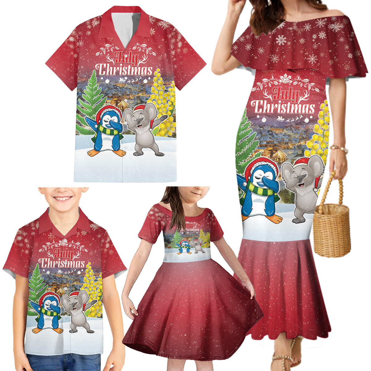 Personalised Christmas In July Family Matching Mermaid Dress and Hawaiian Shirt Funny Dabbing Dance Koala And Blue Penguins LT05 - Polynesian Pride