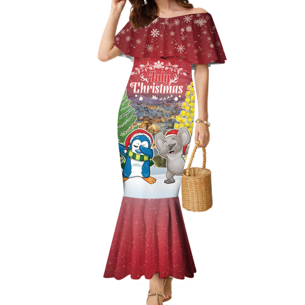 Personalised Christmas In July Family Matching Mermaid Dress and Hawaiian Shirt Funny Dabbing Dance Koala And Blue Penguins LT05 Mom's Dress Red - Polynesian Pride