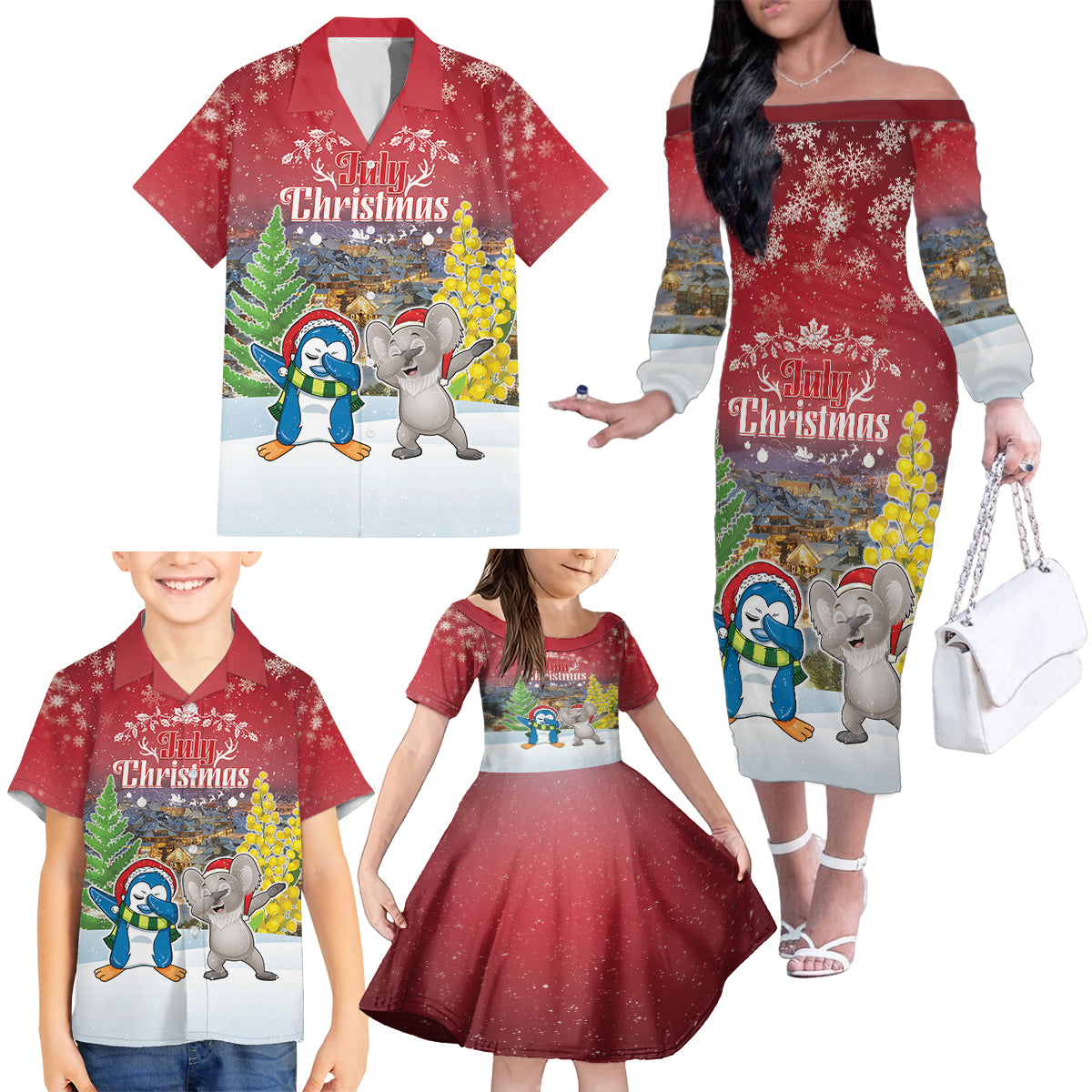 Personalised Christmas In July Family Matching Off The Shoulder Long Sleeve Dress and Hawaiian Shirt Funny Dabbing Dance Koala And Blue Penguins LT05 - Polynesian Pride