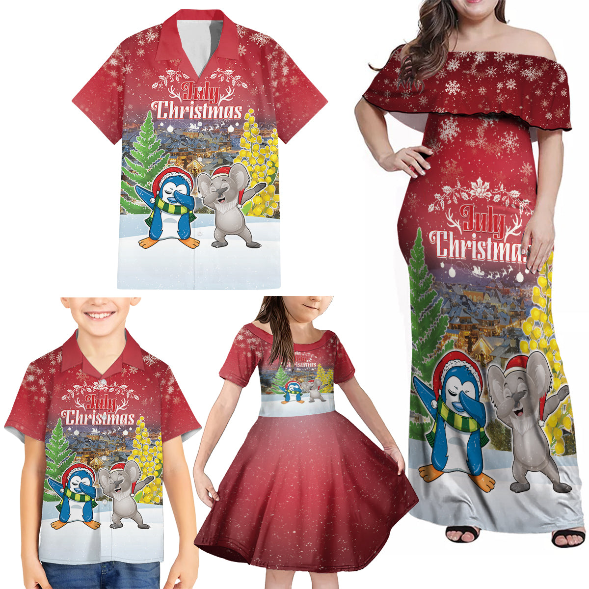 Personalised Christmas In July Family Matching Off Shoulder Maxi Dress and Hawaiian Shirt Funny Dabbing Dance Koala And Blue Penguins LT05 - Polynesian Pride