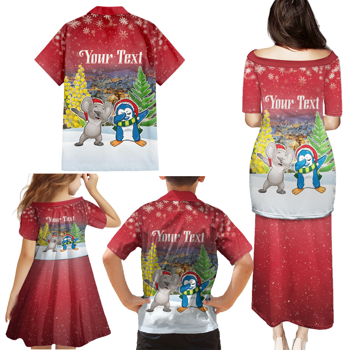 Personalised Christmas In July Family Matching Puletasi and Hawaiian Shirt Funny Dabbing Dance Koala And Blue Penguins LT05 - Polynesian Pride