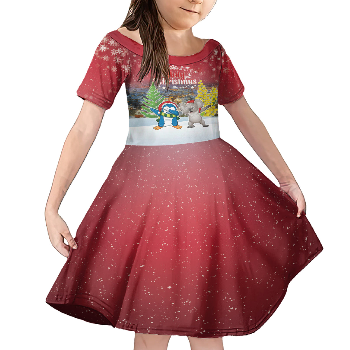 Personalised Christmas In July Family Matching Short Sleeve Bodycon Dress and Hawaiian Shirt Funny Dabbing Dance Koala And Blue Penguins LT05 Daughter's Dress Red - Polynesian Pride