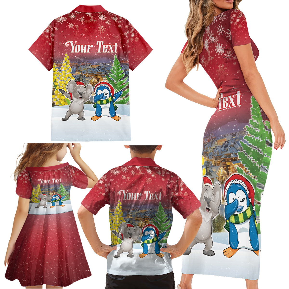 Personalised Christmas In July Family Matching Short Sleeve Bodycon Dress and Hawaiian Shirt Funny Dabbing Dance Koala And Blue Penguins LT05 - Polynesian Pride