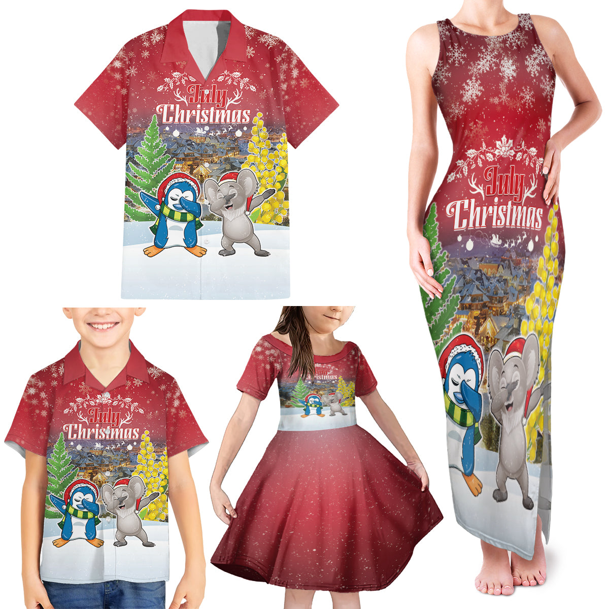 Personalised Christmas In July Family Matching Tank Maxi Dress and Hawaiian Shirt Funny Dabbing Dance Koala And Blue Penguins LT05 - Polynesian Pride