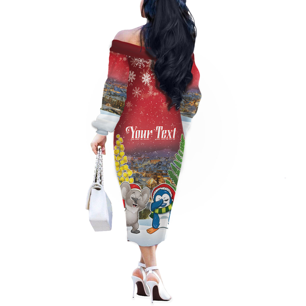 Personalised Christmas In July Off The Shoulder Long Sleeve Dress Funny Dabbing Dance Koala And Blue Penguins LT05 - Polynesian Pride