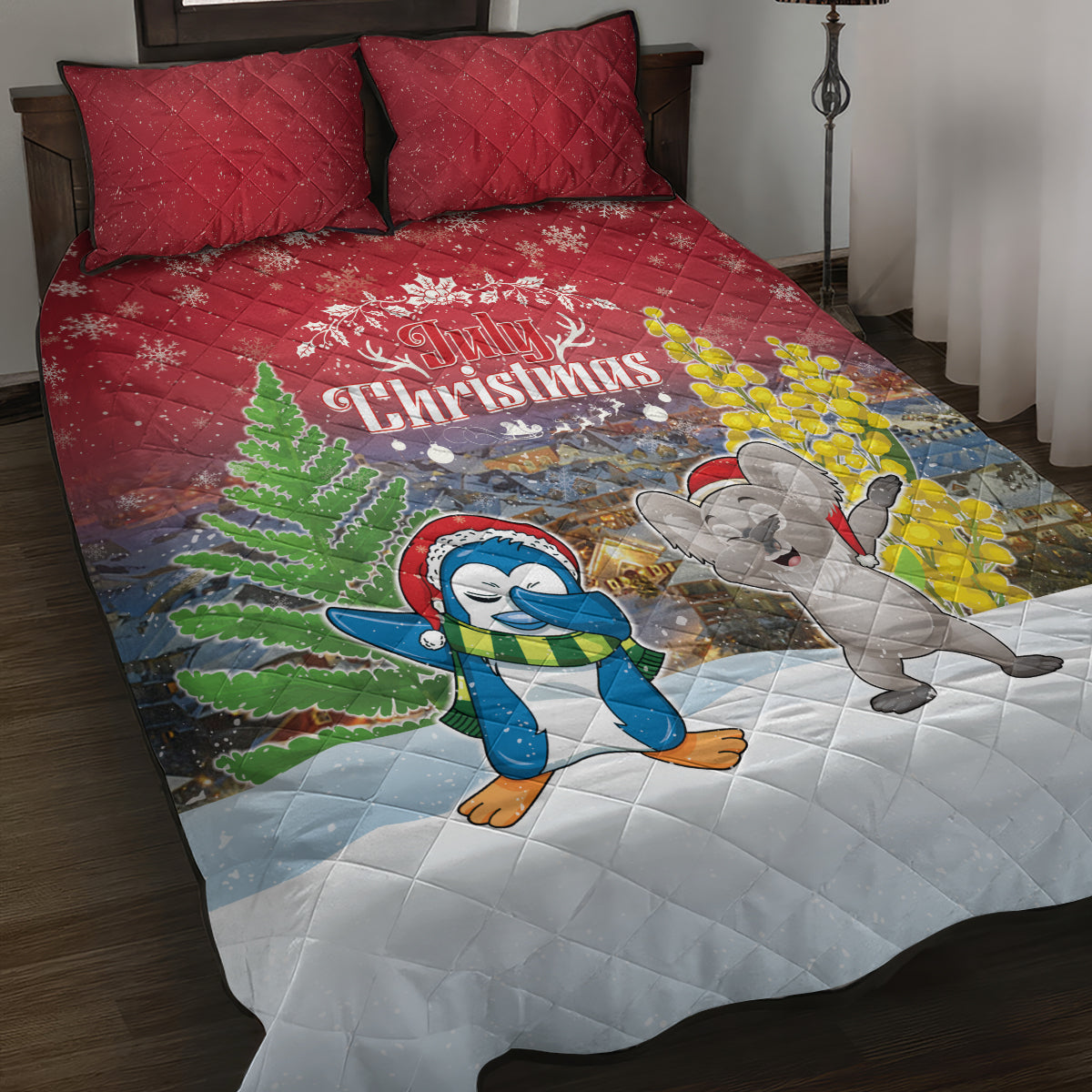Christmas In July Quilt Bed Set Funny Dabbing Dance Koala And Blue Penguins LT05 Red - Polynesian Pride