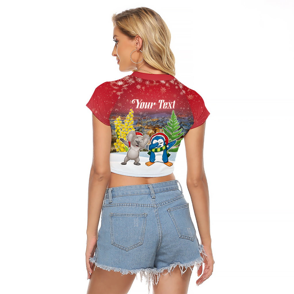 Personalised Christmas In July Raglan Cropped T Shirt Funny Dabbing Dance Koala And Blue Penguins