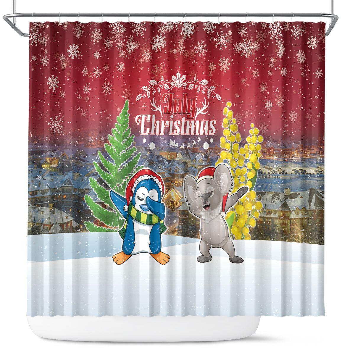 Christmas In July Shower Curtain Funny Dabbing Dance Koala And Blue Penguins LT05 Red - Polynesian Pride