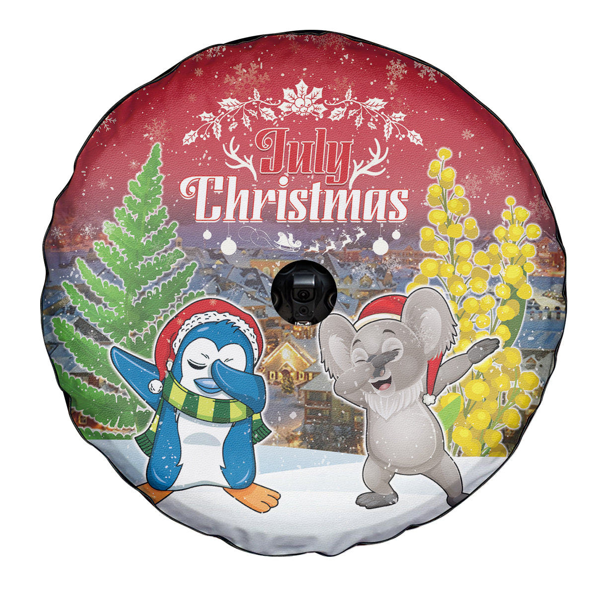 Christmas In July Spare Tire Cover Funny Dabbing Dance Koala And Blue Penguins