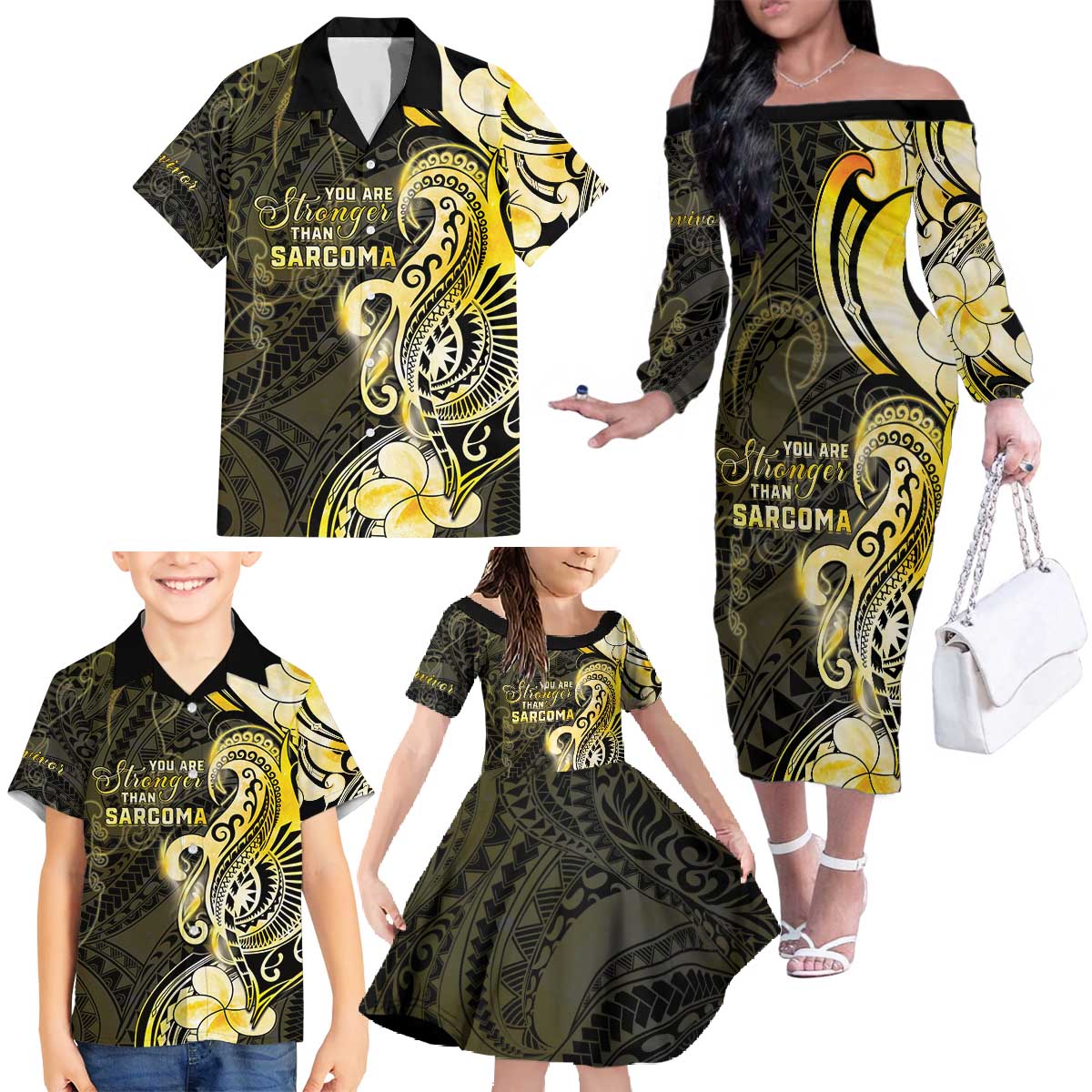 Sarcoma Awareness Family Matching Off The Shoulder Long Sleeve Dress and Hawaiian Shirt You Are Stronger Than Sarcoma LT05 - Polynesian Pride