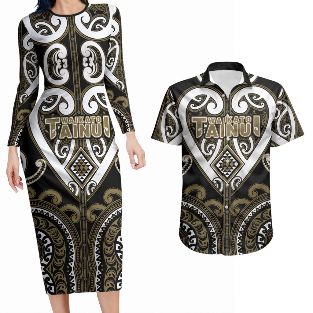 Custom Aotearoa Waikato Tainui Couples Matching Long Sleeve Bodycon Dress and Hawaiian Shirt Maori Tribal Pattern