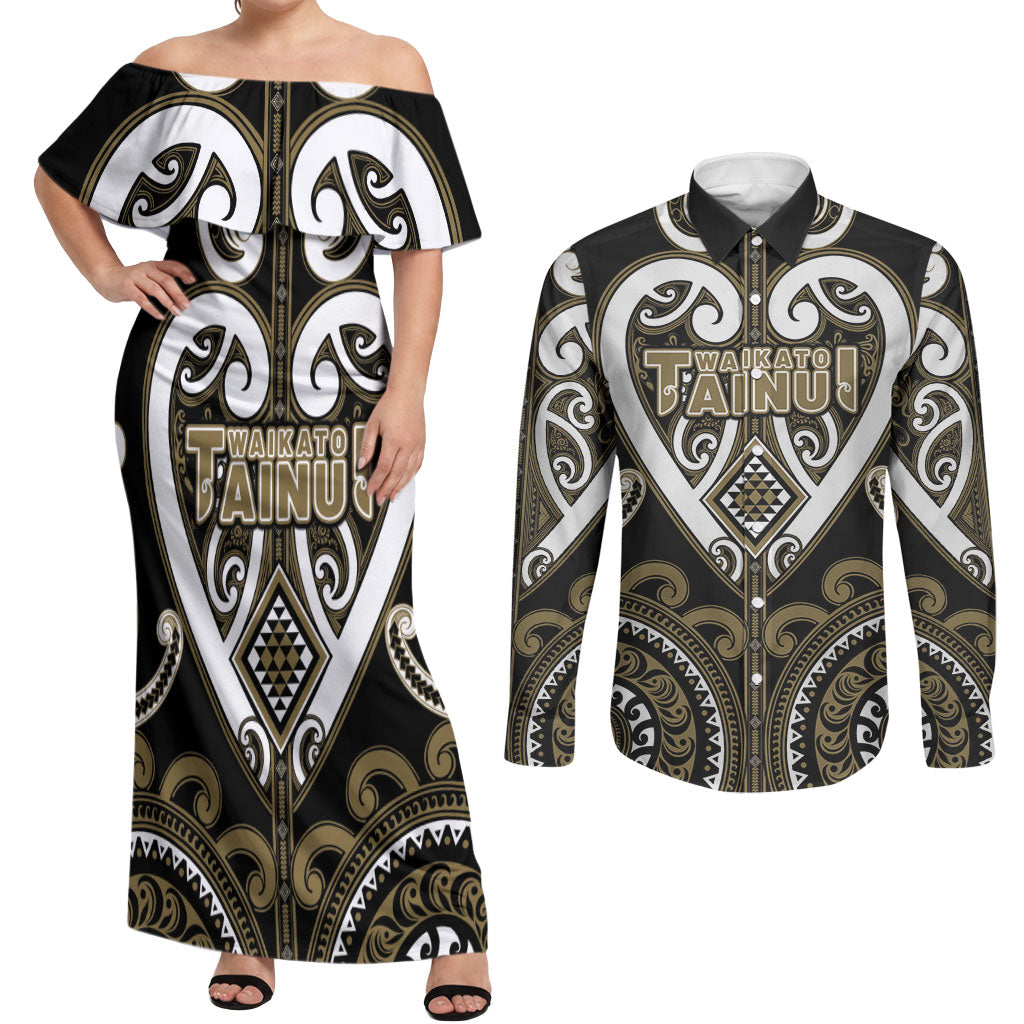 Custom Aotearoa Waikato Tainui Couples Matching Off Shoulder Maxi Dress and Long Sleeve Button Shirt Maori Tribal Pattern LT05 Dark Yellow - Polynesian Pride