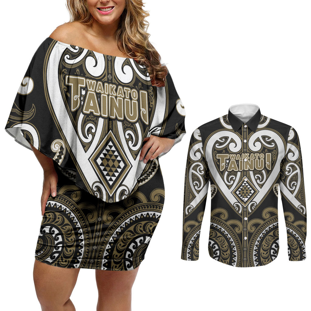 Custom Aotearoa Waikato Tainui Couples Matching Off Shoulder Short Dress and Long Sleeve Button Shirt Maori Tribal Pattern LT05 Dark Yellow - Polynesian Pride