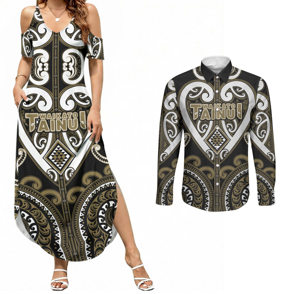 Custom Aotearoa Waikato Tainui Couples Matching Summer Maxi Dress and Long Sleeve Button Shirt Maori Tribal Pattern LT05 Dark Yellow - Polynesian Pride