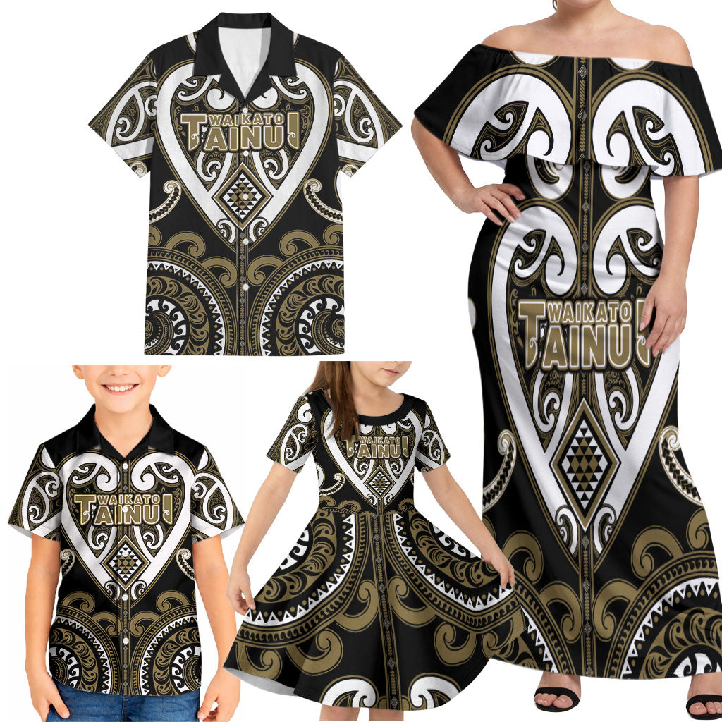 Custom Aotearoa Waikato Tainui Family Matching Off Shoulder Maxi Dress and Hawaiian Shirt Maori Tribal Pattern LT05 - Polynesian Pride