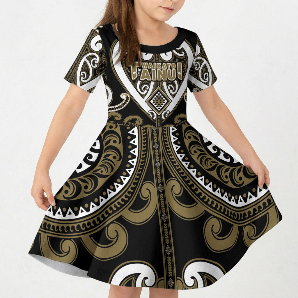 Custom Aotearoa Waikato Tainui Kid Short Sleeve Dress Maori Tribal Pattern LT05 KID Dark Yellow - Polynesian Pride