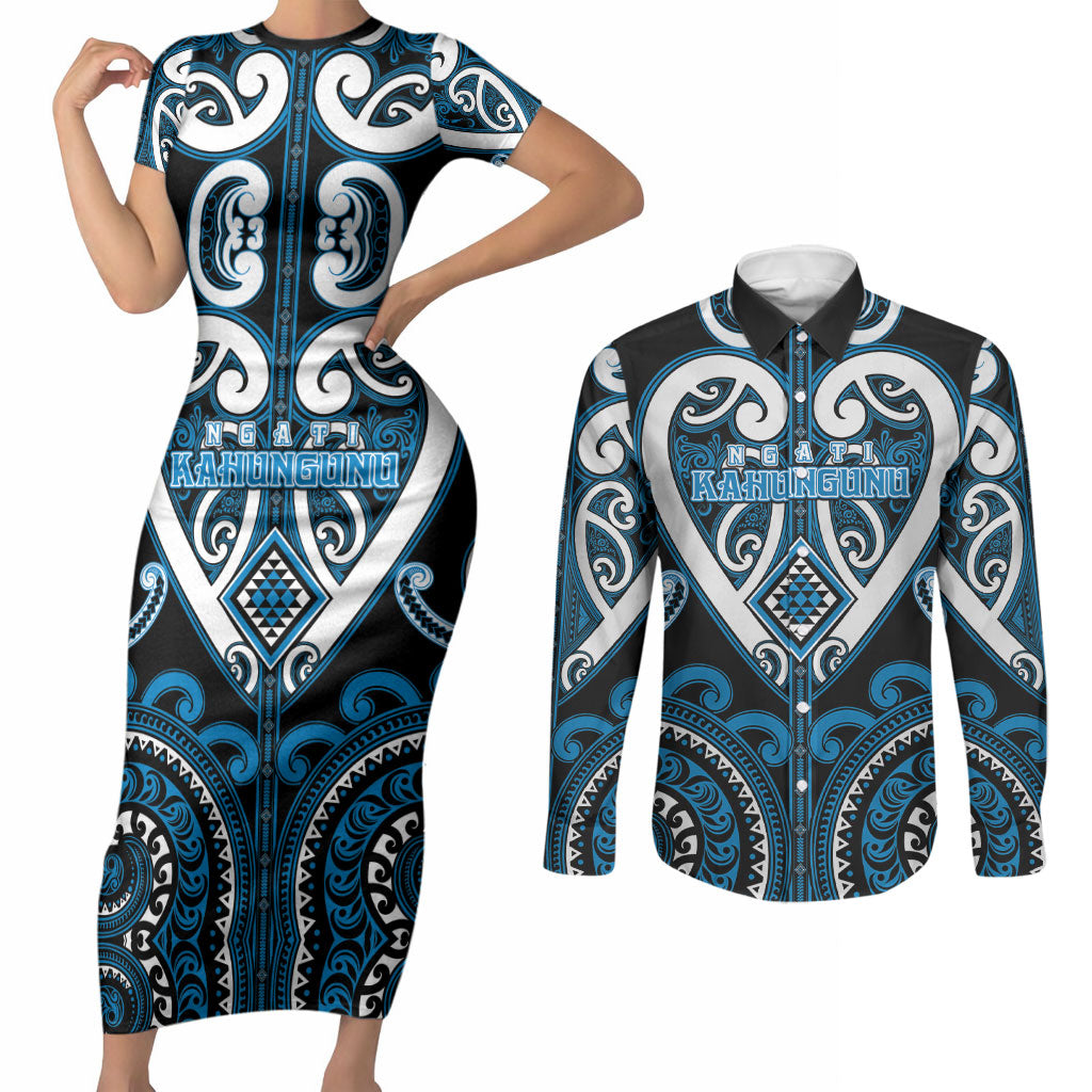 Custom Aotearoa Ngati Kahungunu Couples Matching Short Sleeve Bodycon Dress and Long Sleeve Button Shirt Maori Tribal Pattern LT05 Blue - Polynesian Pride