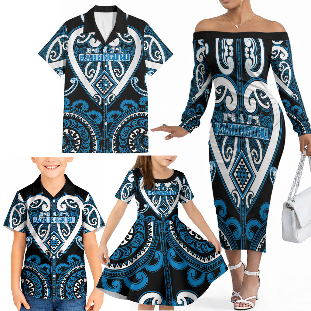 Custom Aotearoa Ngati Kahungunu Family Matching Off The Shoulder Long Sleeve Dress and Hawaiian Shirt Maori Tribal Pattern