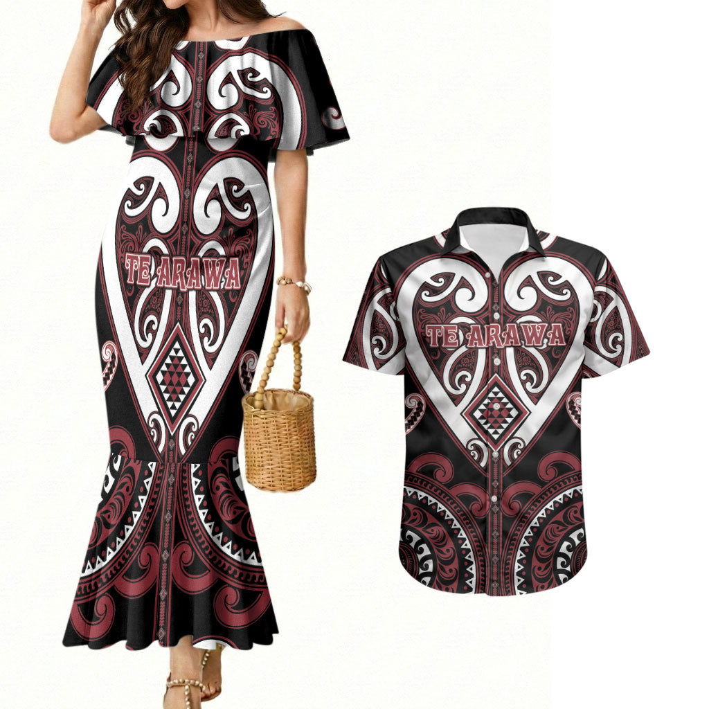 Custom Aotearoa Te Arawa Couples Matching Mermaid Dress and Hawaiian Shirt Maori Tribal Pattern LT05 Red - Polynesian Pride
