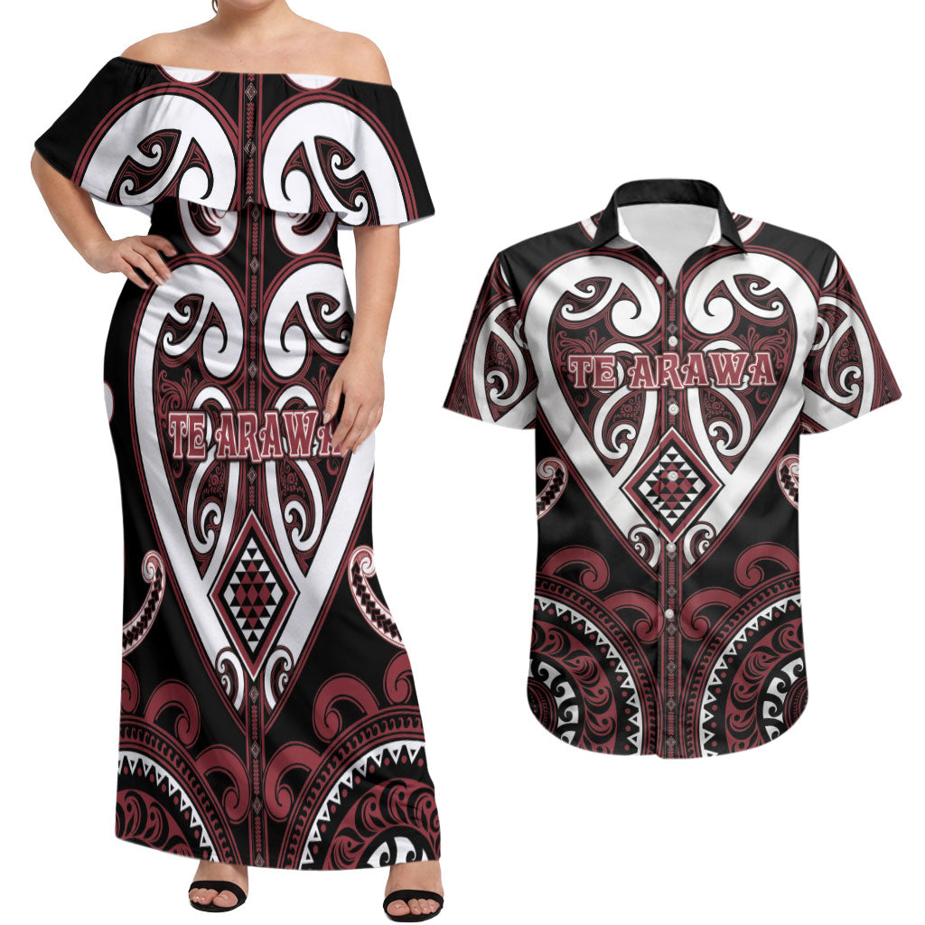 Custom Aotearoa Te Arawa Couples Matching Off Shoulder Maxi Dress and Hawaiian Shirt Maori Tribal Pattern