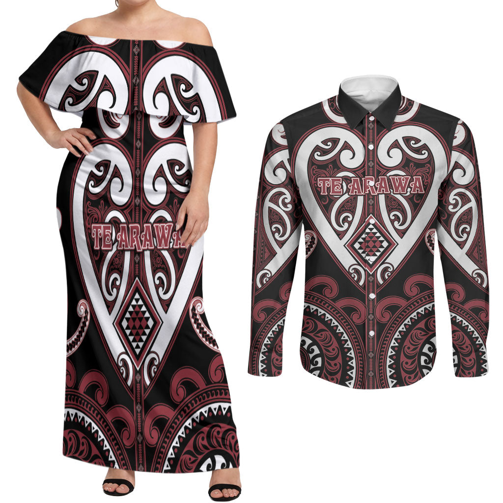Custom Aotearoa Te Arawa Couples Matching Off Shoulder Maxi Dress and Long Sleeve Button Shirt Maori Tribal Pattern LT05 Red - Polynesian Pride