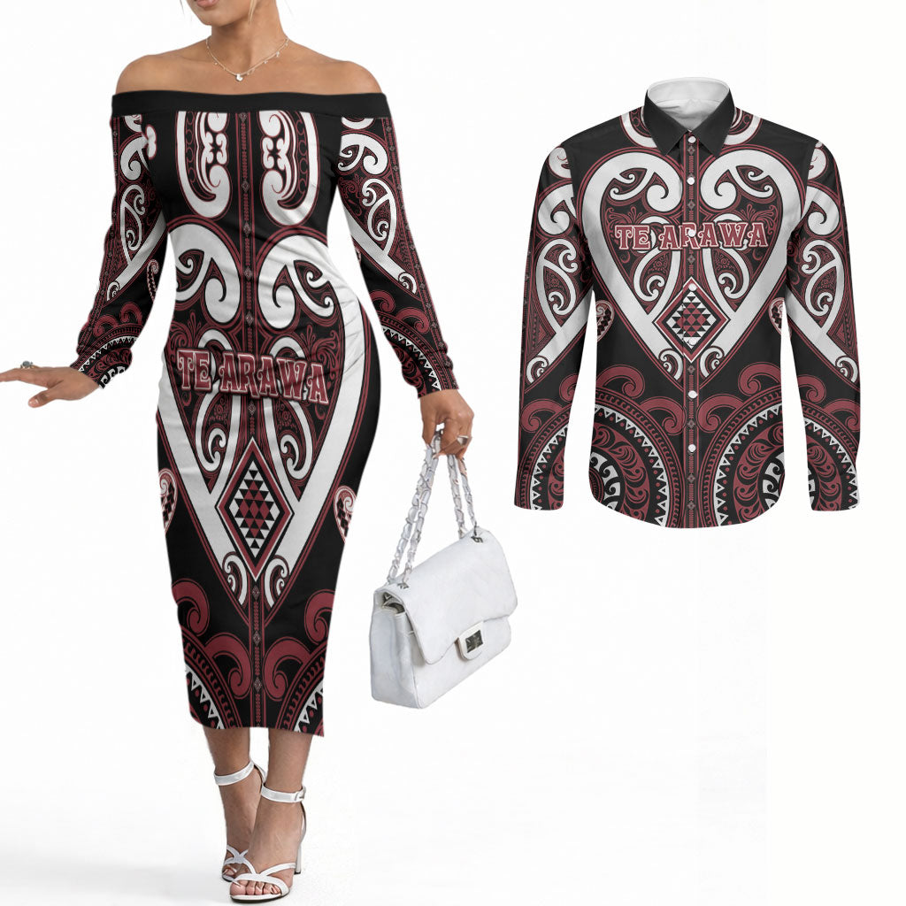 Custom Aotearoa Te Arawa Couples Matching Off The Shoulder Long Sleeve Dress and Long Sleeve Button Shirt Maori Tribal Pattern LT05 Red - Polynesian Pride