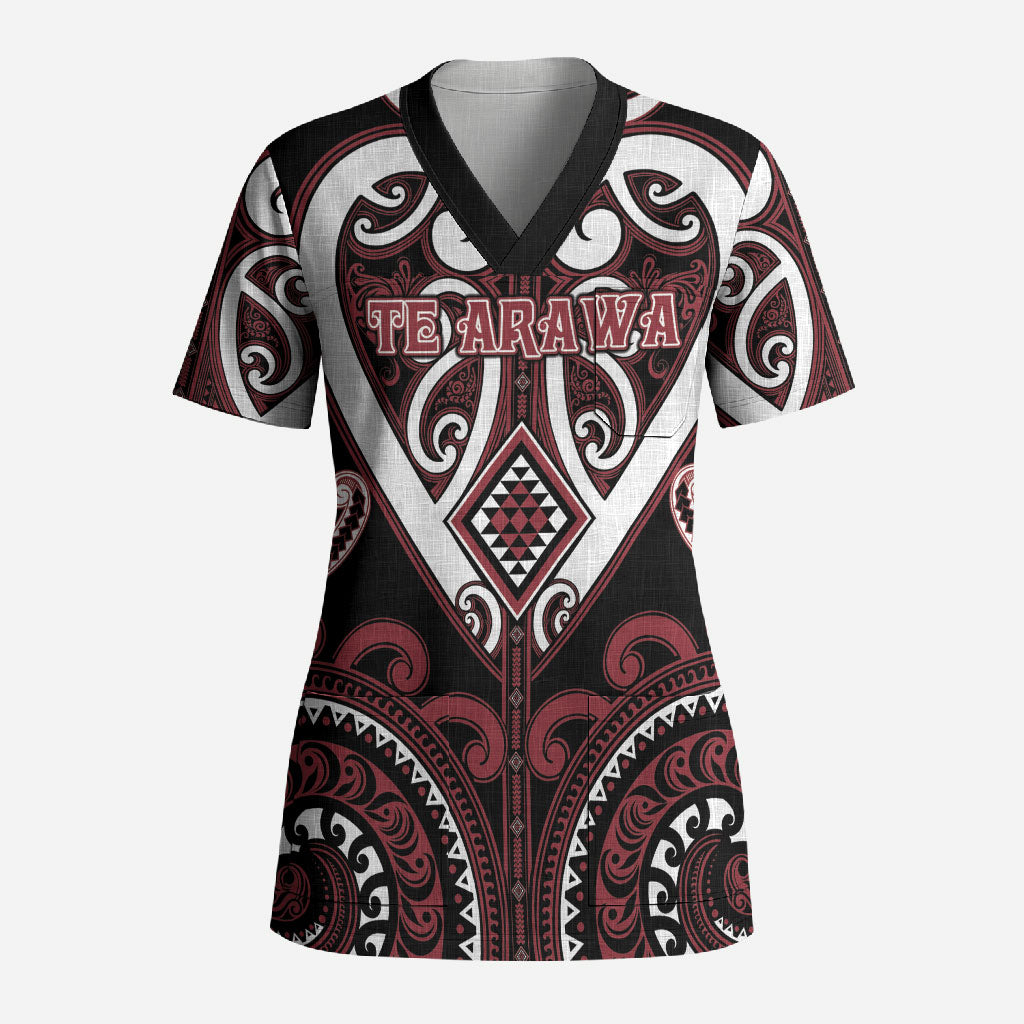Custom Aotearoa Te Arawa Scrub Top Maori Tribal Pattern LT05 Adult Red - Polynesian Pride