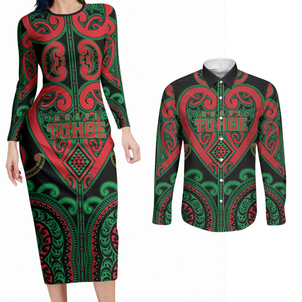 Custom Aotearoa Ngai Tuhoe Couples Matching Long Sleeve Bodycon Dress and Long Sleeve Button Shirt Maori Tribal Pattern LT05 Black - Polynesian Pride