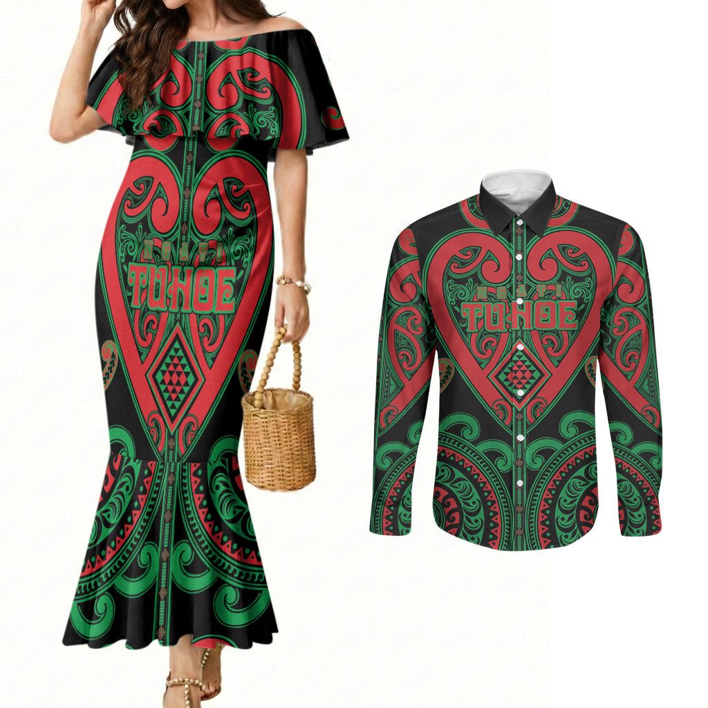 Custom Aotearoa Ngai Tuhoe Couples Matching Mermaid Dress and Long Sleeve Button Shirt Maori Tribal Pattern