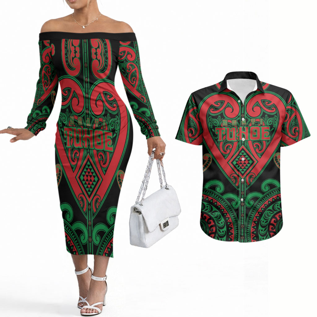 Custom Aotearoa Ngai Tuhoe Couples Matching Off The Shoulder Long Sleeve Dress and Hawaiian Shirt Maori Tribal Pattern LT05 Black - Polynesian Pride