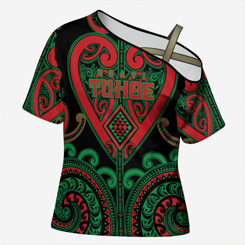 Custom Aotearoa Ngai Tuhoe Cross Shoulder Shirt Maori Tribal Pattern LT05 Female Black - Polynesian Pride