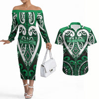 Custom Aotearoa Ngati Maniapoto Couples Matching Off The Shoulder Long Sleeve Dress and Hawaiian Shirt Maori Tribal Pattern