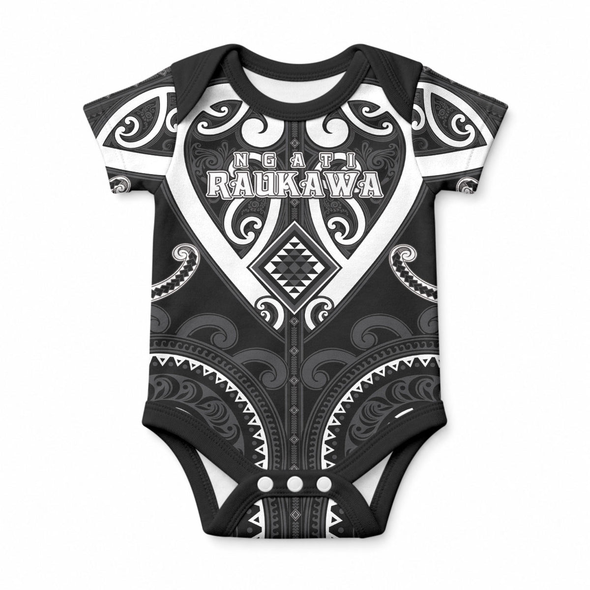 Custom Aotearoa Ngati Raukawa Baby Onesie Maori Tribal Pattern LT05 Black - Polynesian Pride