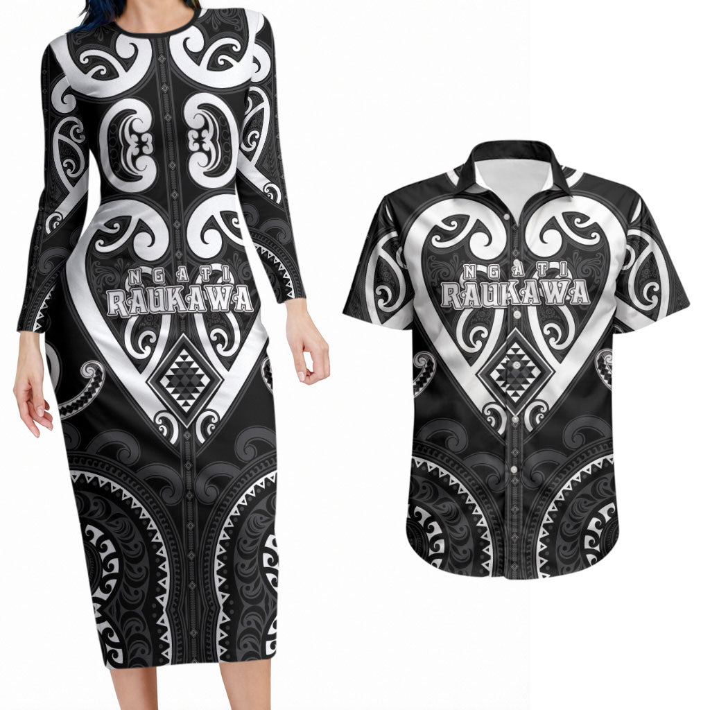 Custom Aotearoa Ngati Raukawa Couples Matching Long Sleeve Bodycon Dress and Hawaiian Shirt Maori Tribal Pattern