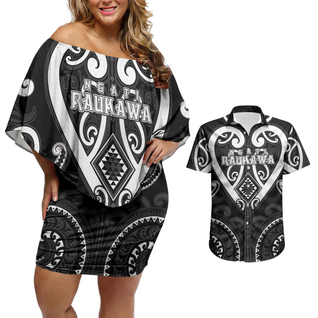 Custom Aotearoa Ngati Raukawa Couples Matching Off Shoulder Short Dress and Hawaiian Shirt Maori Tribal Pattern