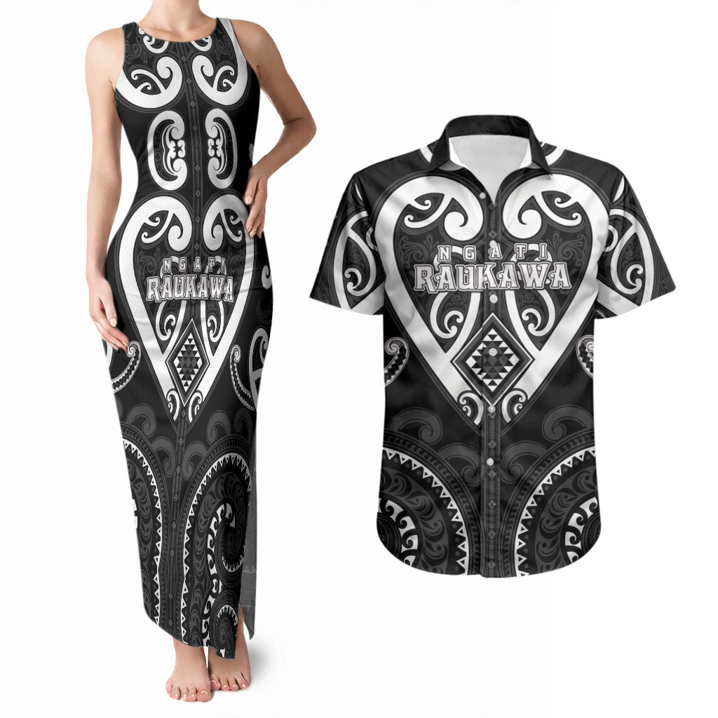 Custom Aotearoa Ngati Raukawa Couples Matching Tank Maxi Dress and Hawaiian Shirt Maori Tribal Pattern LT05 Black - Polynesian Pride