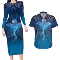 Polynesia Manta Ray Couples Matching Long Sleeve Bodycon Dress and Hawaiian Shirt Let's The Sea Set You Free - Polynesian Pride