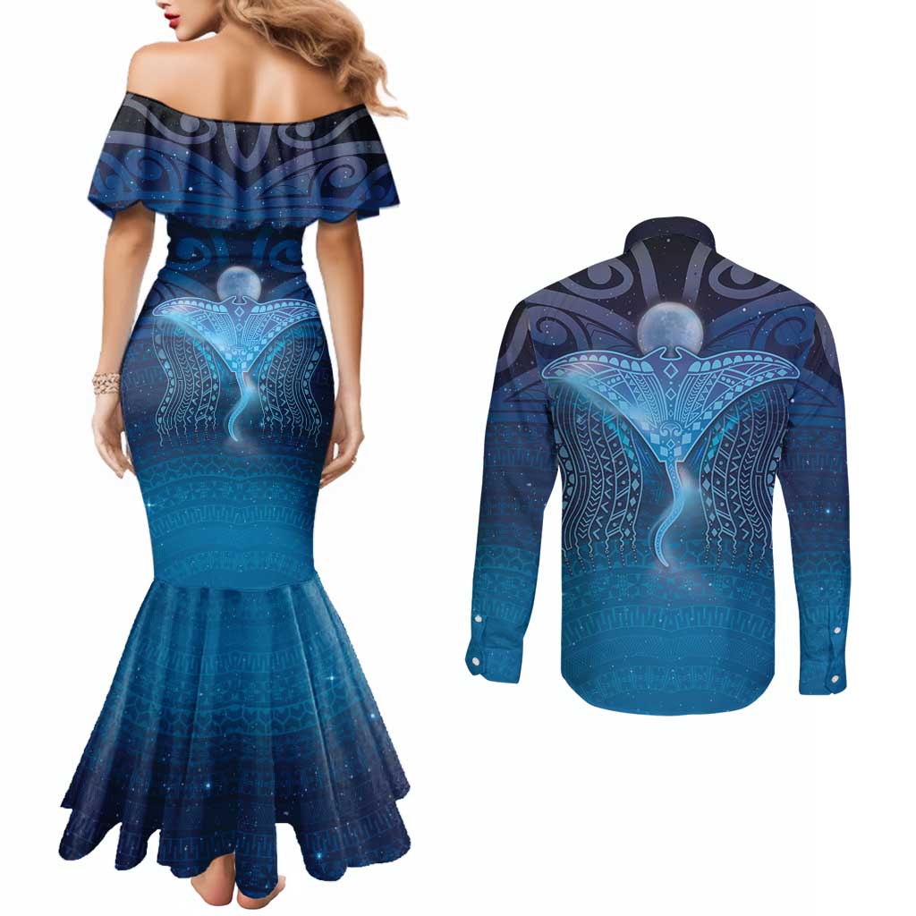 Polynesia Manta Ray Couples Matching Mermaid Dress and Long Sleeve Button Shirt Let's The Sea Set You Free - Polynesian Pride