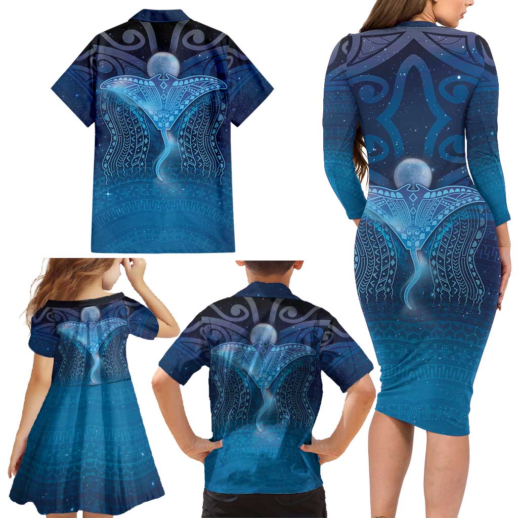 Polynesia Manta Ray Family Matching Long Sleeve Bodycon Dress and Hawaiian Shirt Let's The Sea Set You Free LT05 - Polynesian Pride