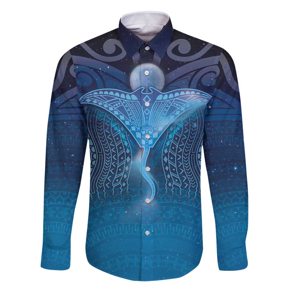 Polynesia Manta Ray Family Matching Long Sleeve Bodycon Dress and Hawaiian Shirt Let's The Sea Set You Free LT05 Dad's Shirt - Long Sleeve Blue - Polynesian Pride