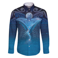 Polynesia Manta Ray Family Matching Off The Shoulder Long Sleeve Dress and Hawaiian Shirt Let's The Sea Set You Free LT05 Dad's Shirt - Long Sleeve Blue - Polynesian Pride