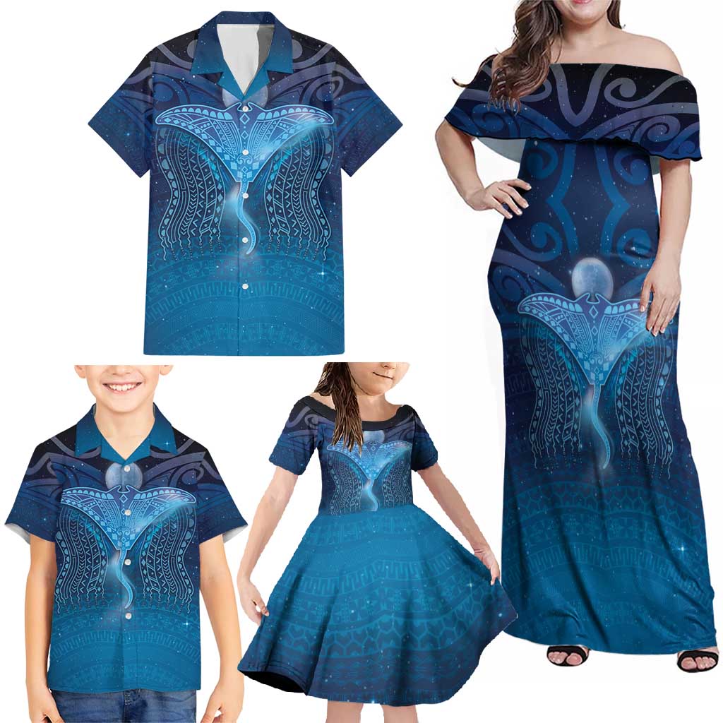 Polynesia Manta Ray Family Matching Off Shoulder Maxi Dress and Hawaiian Shirt Let's The Sea Set You Free LT05 - Polynesian Pride