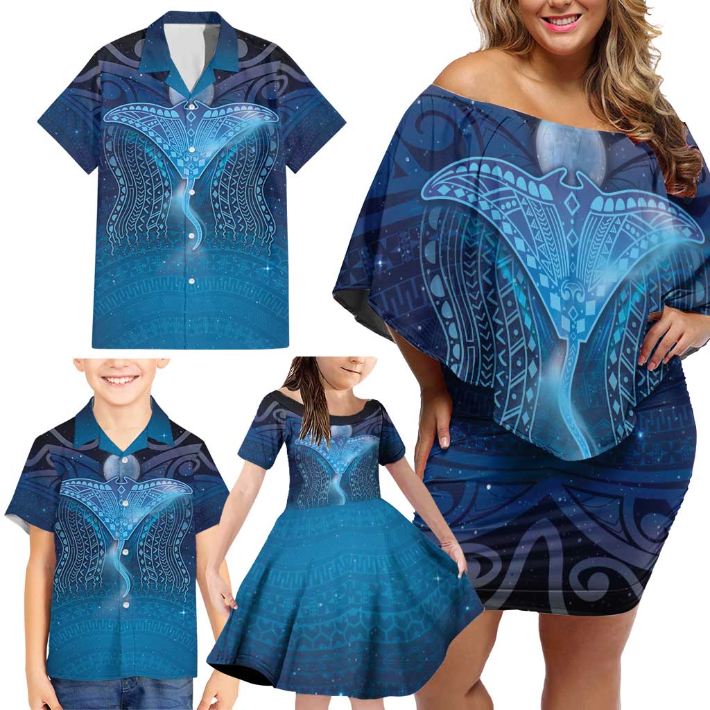 Polynesia Manta Ray Family Matching Off Shoulder Short Dress and Hawaiian Shirt Let's The Sea Set You Free LT05 - Polynesian Pride