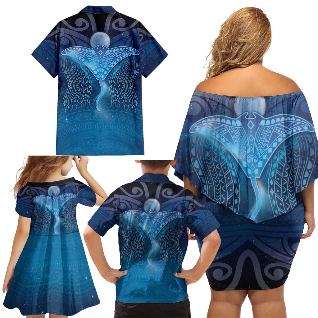 Polynesia Manta Ray Family Matching Off Shoulder Short Dress and Hawaiian Shirt Let's The Sea Set You Free LT05 - Polynesian Pride