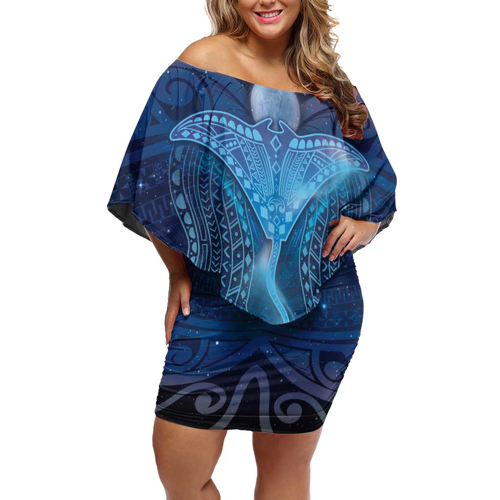 Polynesia Manta Ray Family Matching Off Shoulder Short Dress and Hawaiian Shirt Let's The Sea Set You Free LT05 Mom's Dress Blue - Polynesian Pride