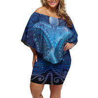 Polynesia Manta Ray Family Matching Off Shoulder Short Dress and Hawaiian Shirt Let's The Sea Set You Free LT05 Mom's Dress Blue - Polynesian Pride